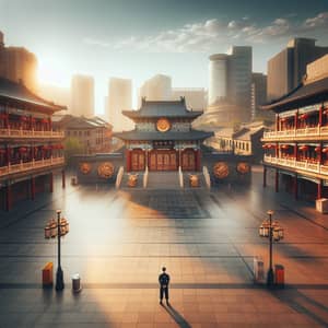 Modern Chinese Architecture at Sunrise in Empty City Square