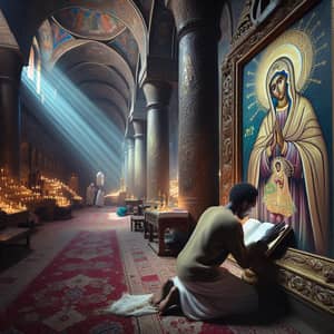 Ethiopian Orthodox Church Scene: Man in Prayer with Holy Virgin Mary Image