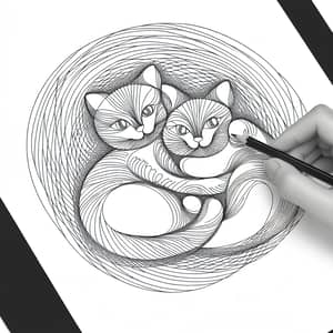 Continuous Line Drawing of Two Affectionate Cats