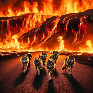 Rugged Wolves Striding on Scorching Road | Fiery Backdrop