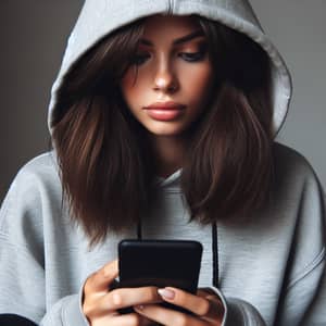 Young Caucasian Woman with Hoodie Up Looking at Phone