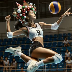 Energetic Female Volleyball Player with Christmas-themed Headband