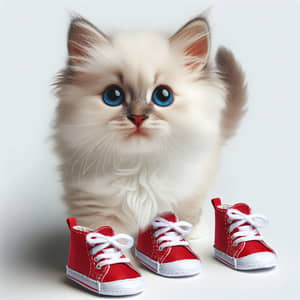 Adorable Fluffy Cat with Tiny Red Shoes - Cute Domestic Feline Image