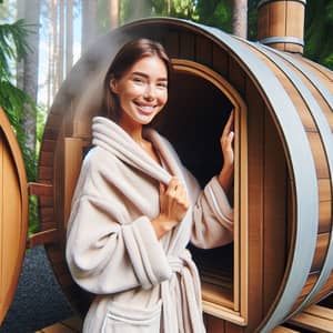 Barrel Sauna Experience: Woman Enjoying Nature Retreat