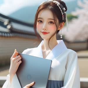 Endearing East Asian Schoolgirl in Traditional Korean Uniform with Laptop