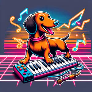 80s Retro Cartoon Dachshund Playing Keyboard | Vibrant Colors