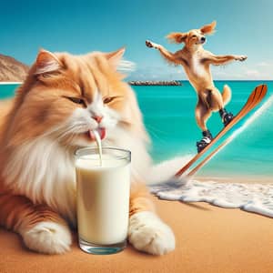 Beach Fun: Cat and Dog Enjoy Milk and Waterski Adventure