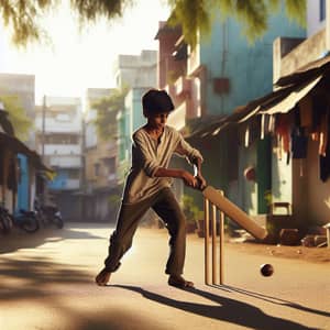 Energetic South Asian Boy Playing Cricket in Sunny Street