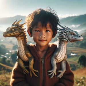 Young Boy with Golden and Silver Dragons on Grassy Hill