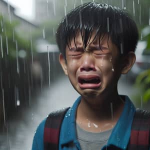 Young Asian Boy Crying Under Rain - Emotional Scene
