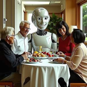 Happy Chrome Human-like Robot in Dining Room with Elderly Residents