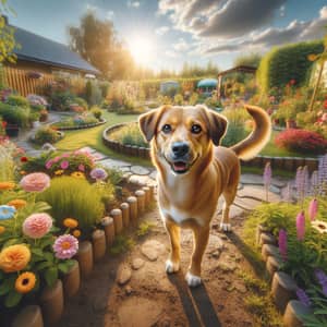 Dog in Beautiful Garden with Flowers - Joyful Scene