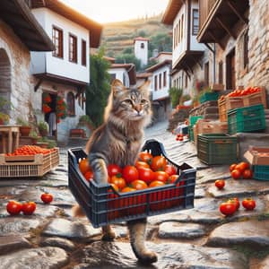 Cat Carrying Crate of Tomatoes in Turkey