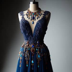 Blue Evening Gown Size 40 with Colorful Jewelry | Elegant Fashion