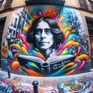 Vibrant Graffiti Portrait of Maria Antònia Salvà in Urban Art Mural