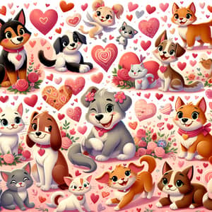 Valentine's Day Illustration with Dogs & Cats | 1960s Cartoon Style