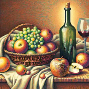 Pointillism Still Life Painting with Apple and Wine Bottle