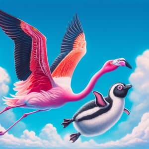 Pink Flamingo and Penguin in Playful Flight