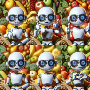 Fruit and Vegetable Background with White Robot in Various Emotions