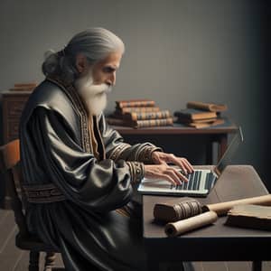 Elderly Chronicler Typing on Laptop | Bridge of Old and New Worlds