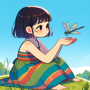 Daydreaming East Asian Girl with Iridescent Dragonfly