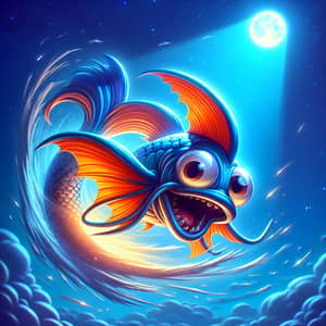 Fantastical Blue and Orange Cartoon Fish Mid-Flip in Moonlight