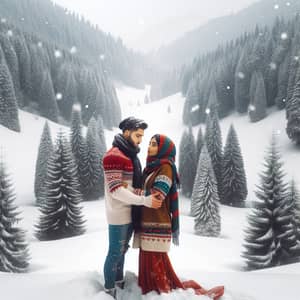 Romantic Winter Scene: Middle-Eastern Man and African Woman in Love