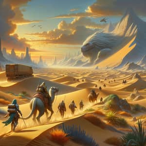 Dune Part 2 - Adventurers Exploring Vast Sandy Desert at Sunset