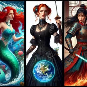 Red-Haired Mermaid, Victorian Gothic Lady & East Asian Warrior Join Forces