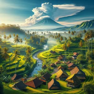 Scenic Indonesian Landscape: Rice Terraces, Palm Trees & Volcano View