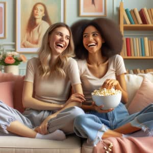 Light-Hearted Scene: Girls Laughing on Pastel Couch