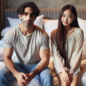 Comfortable King-Size Bed Scene with Middle-Eastern Man and Asian Woman