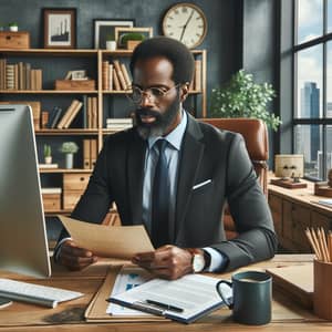 Professional African American Man in Office Setting | Cityscape View