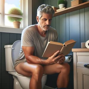 Man Reading Book on Toilet Seat
