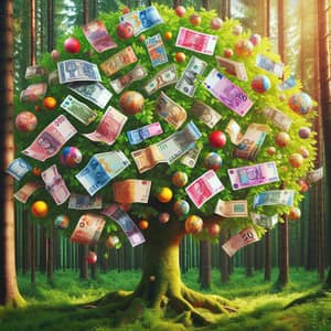 Surreal Money Tree in Forest: Unique Multicultural Currency Landscape