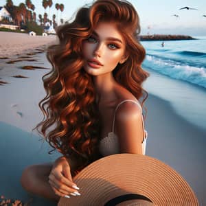 Stunning Caucasian Girl with Auburn Hair on Beach at Sunset