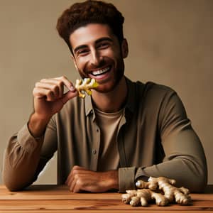 Middle Eastern Man Enjoying Spicy Ginger at Wooden Table