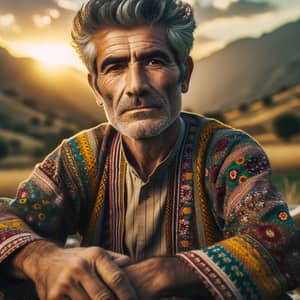 Middle-Aged Kurdish Man in Tranquil Landscape