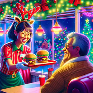 Festive Fast Food Restaurant Scene - Joyous Holiday Atmosphere