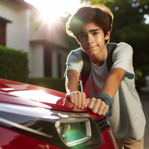 Young Hispanic Boy Pushing Red Car Outdoors