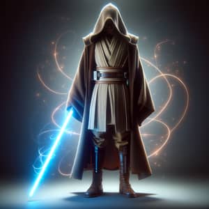 Jedi Character in Traditional Attire with a Glowing Lightsaber