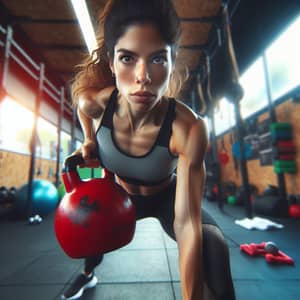 Dynamic Hispanic Woman Lifting Red Kettlebell in Vibrant Gym Shot