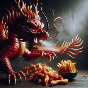 Intricate Chinese Red Dragon with Hot Fried Snacks in Dimly Lit Environment