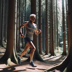Elderly Man Jogging in Dense Forest - Vitality in Nature