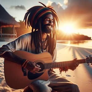 Inspirational Reggae Musician on Beach at Sunset