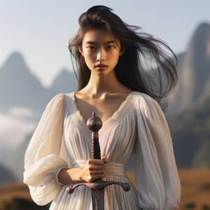 Confident South Asian Girl with Antique Sword in Mountains