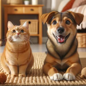 Friendly Orange Cat and Brown Dog Interaction in Cozy Room