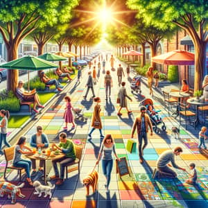 Vibrant Daily Life Scene - Community Activities in Sunlit Streets
