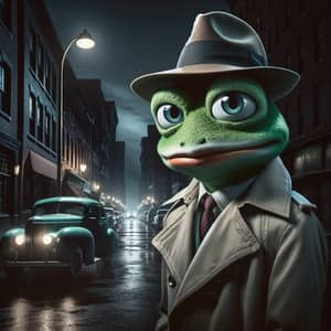 Green Frog Detective in Film Noir City | Mystery Character