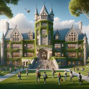 Picturesque Castle-Like School Building with Vibrant Student Life